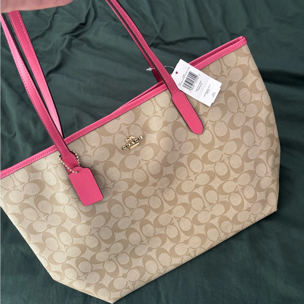 Coach Beige and Pink Signature Tote Bag